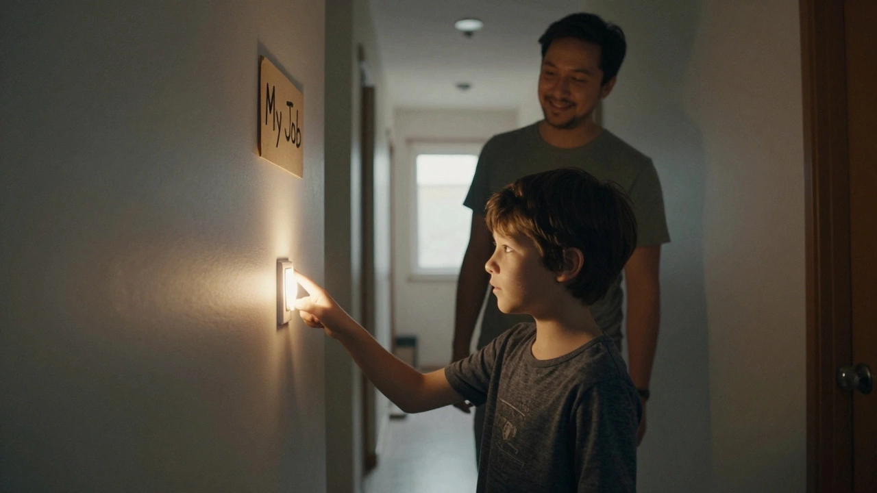 Ребёнок включает свет в коридоре, родитель наблюдает с улыбкой.