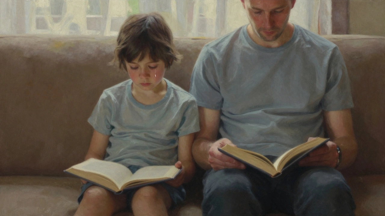 Родитель и ребёнок сидят рядом на диване, оба молчат, не смотря друг на друга.