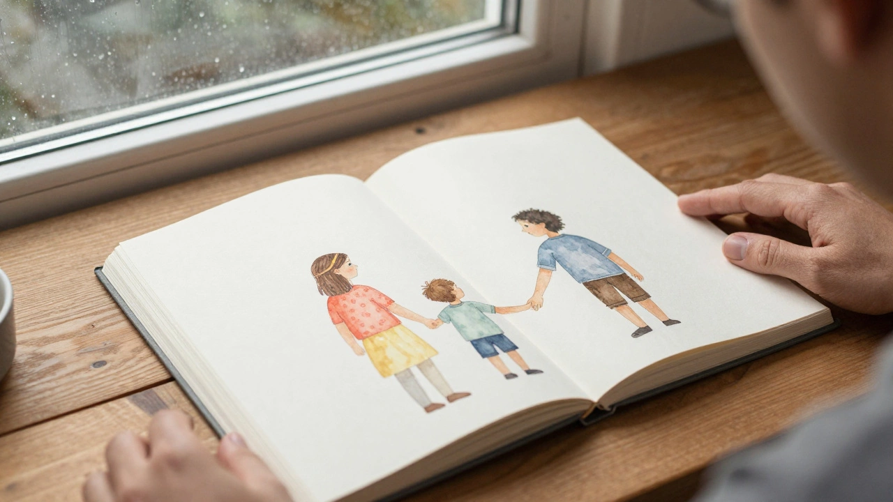 Родитель и ребёнок смотрят на рисунок семьи, дождь за окном, тёплый свет внутри.