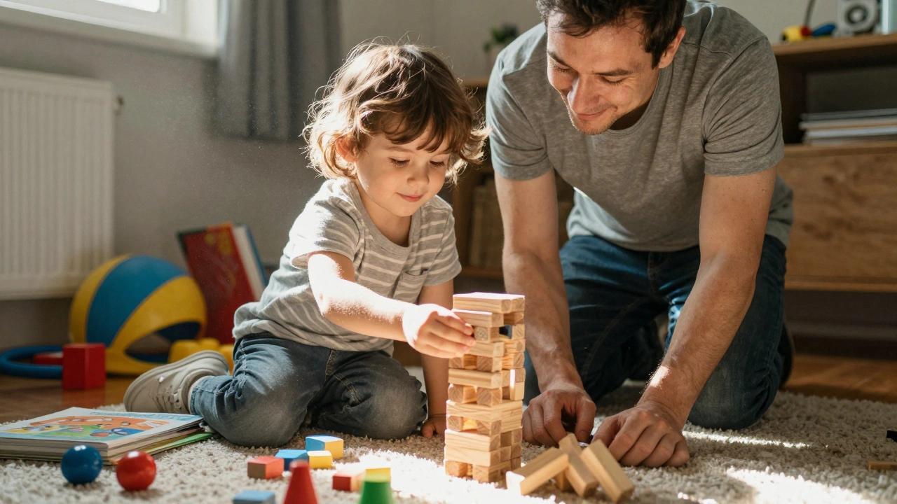 Родитель и ребёнок вместе играют с деревянными блоками, улыбаются.