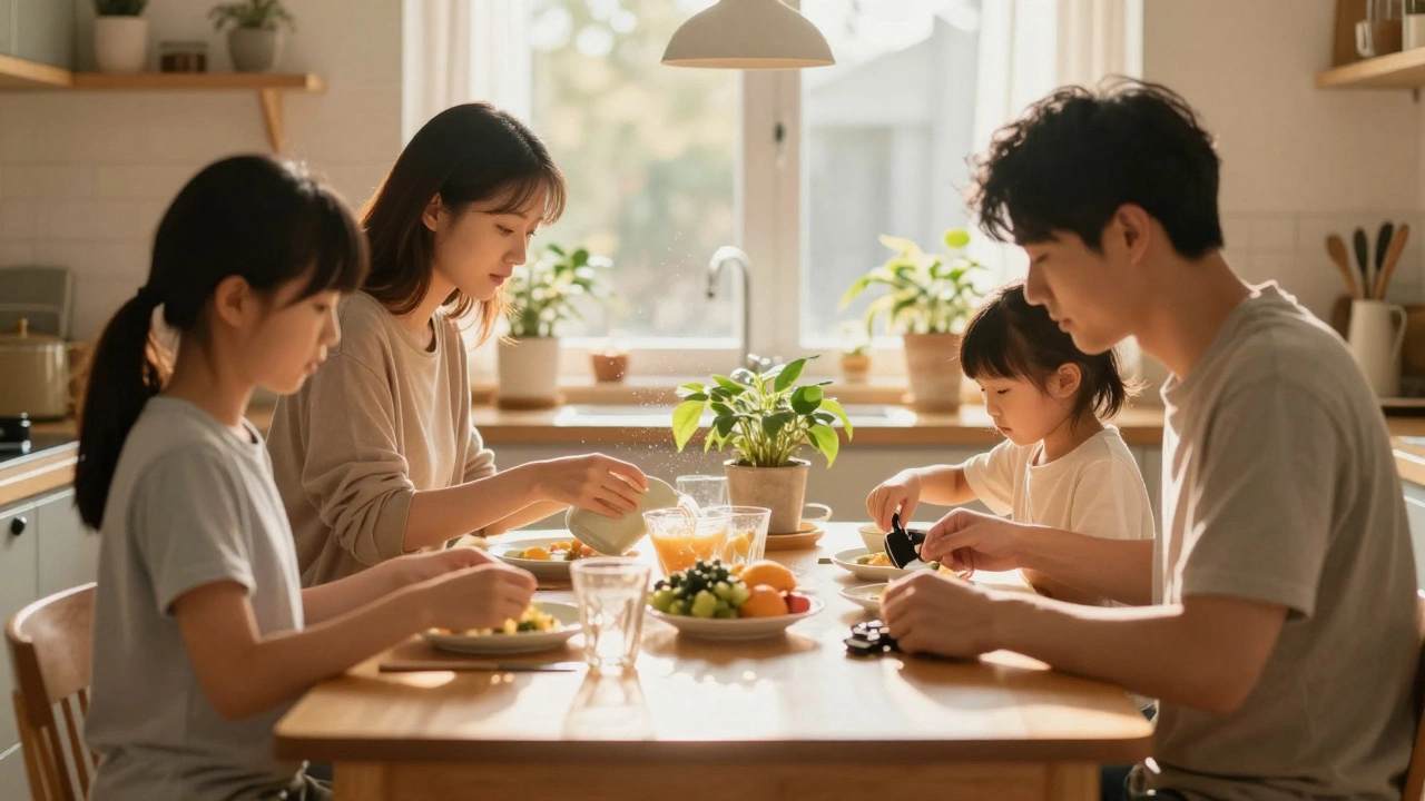 Семья вместе делает домашние дела в тёплом светлом кухне.