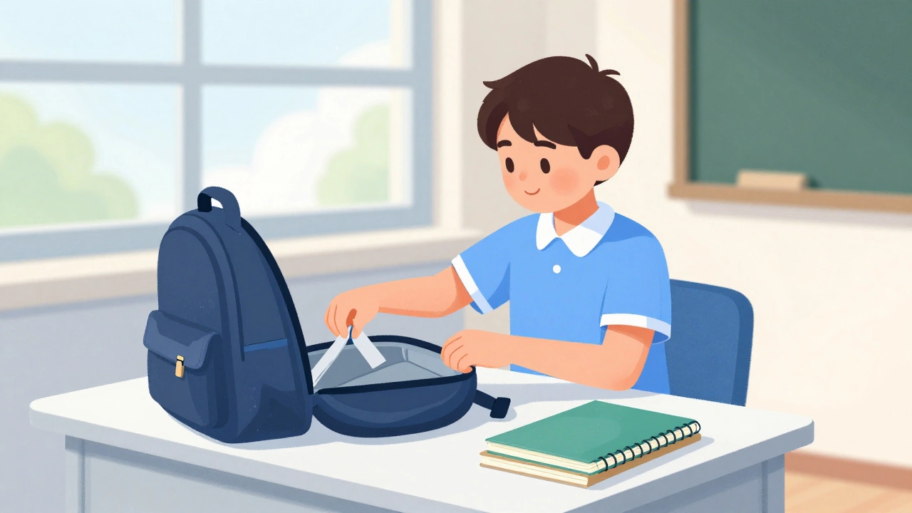 Школьник организует учебные материалы за письменным столом.