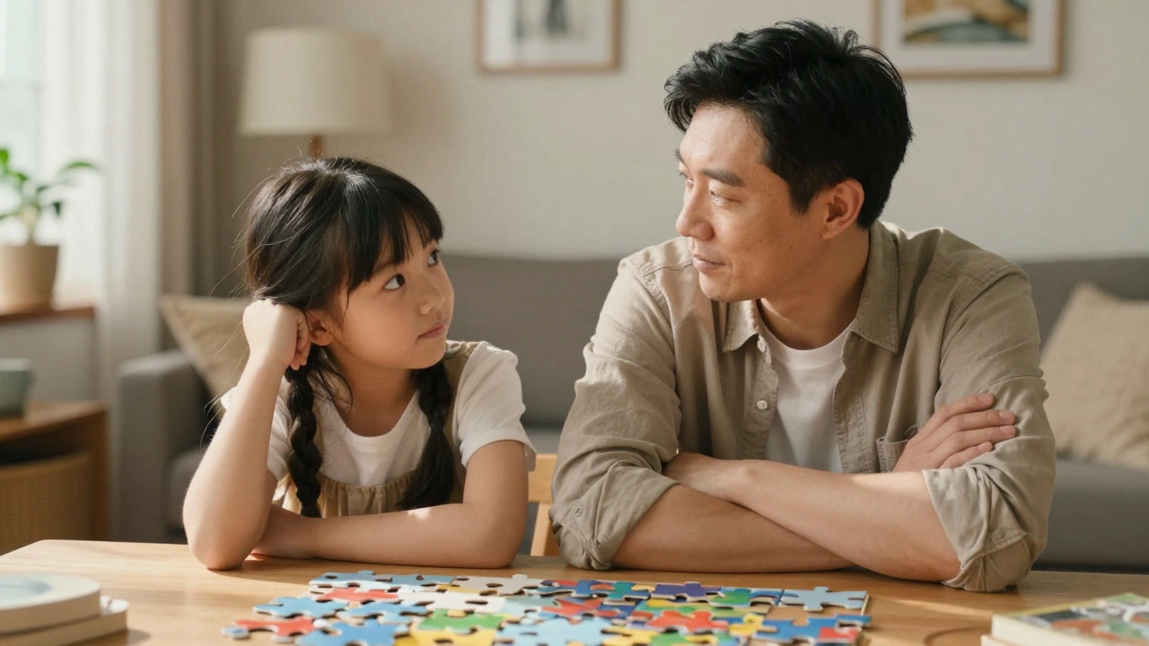 Дочь повторяет позу и выражение лица отца в домашней обстановке