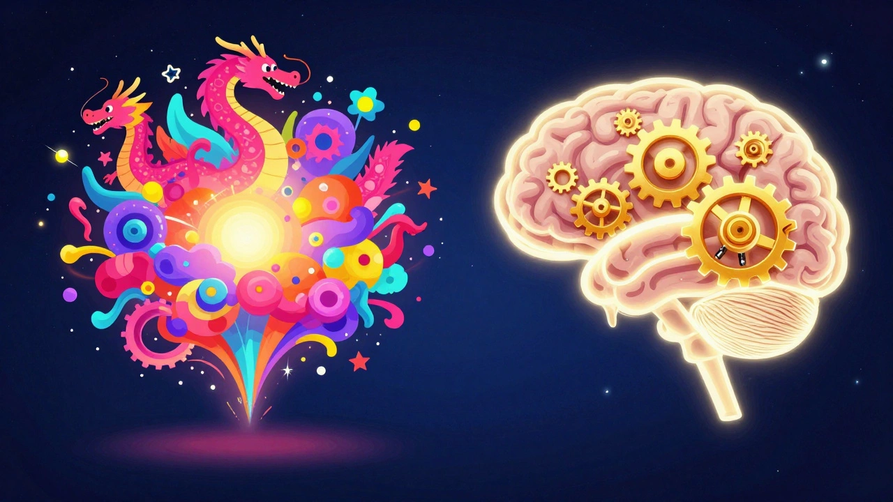 Концептуальное изображение мозга ребенка с элементами фантазий и механизмов