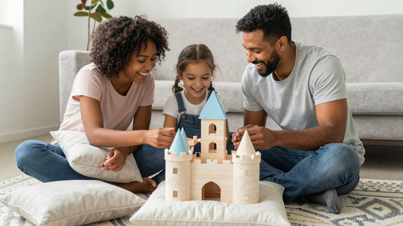Отец и дочь вместе строят замок из подушек без использования гаджетов