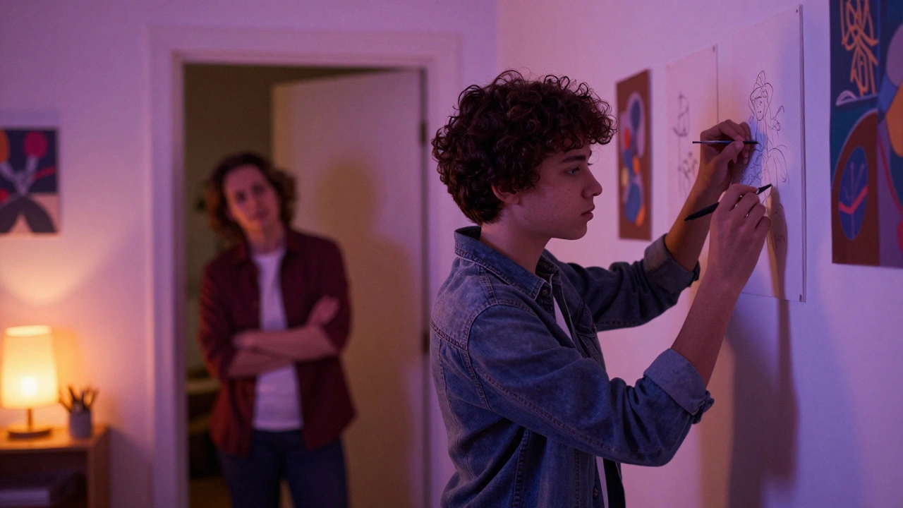 Подросток в своей комнате занимается творчеством, выражая свою индивидуальность и автономию