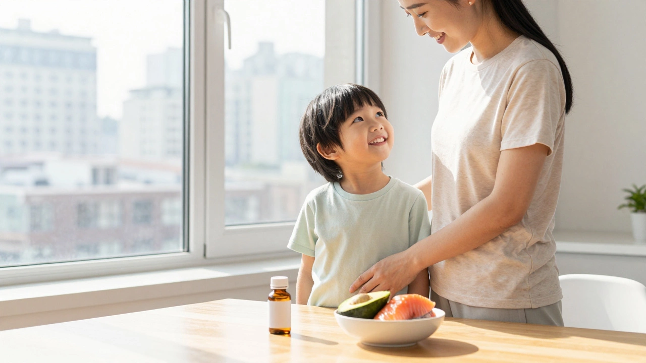 Ребенок и родитель у окна с витаминами и полезными продуктами на столе