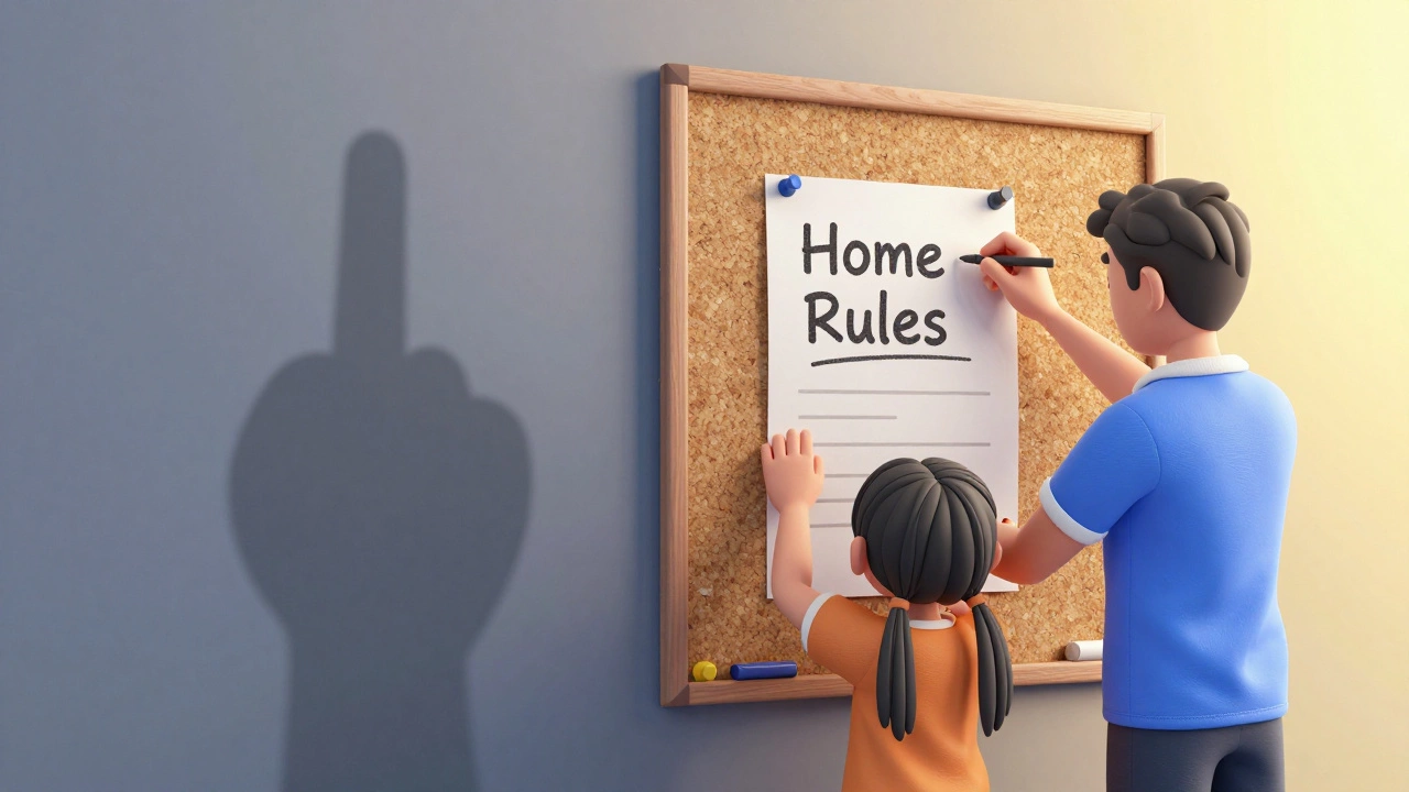 Родитель и ребенок вместе вешают список правил дома на стену