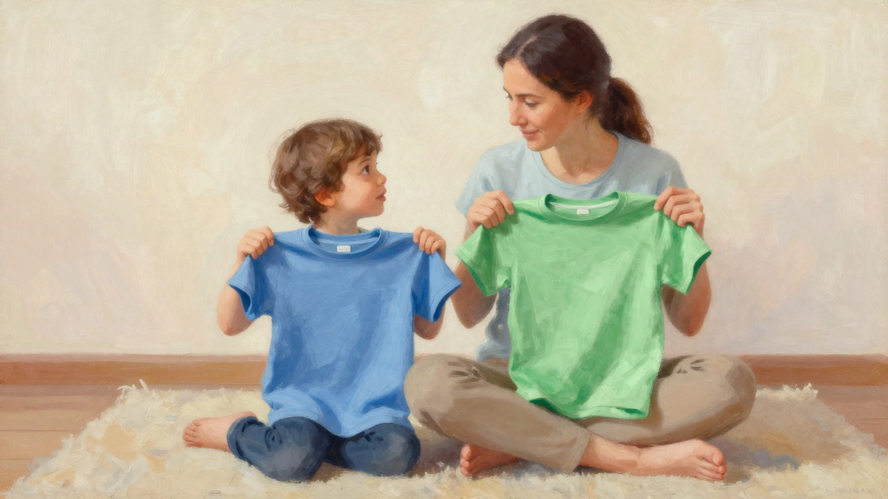 Родитель предлагает ребенку выбор между двумя футболками, сидя на полу