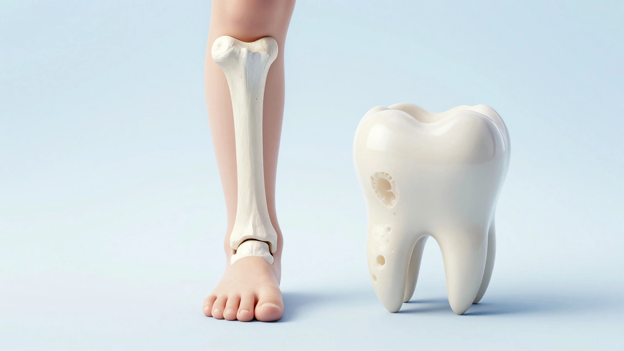 Сравнение здоровой и размягченной костной ткани и зубной эмали при рахите