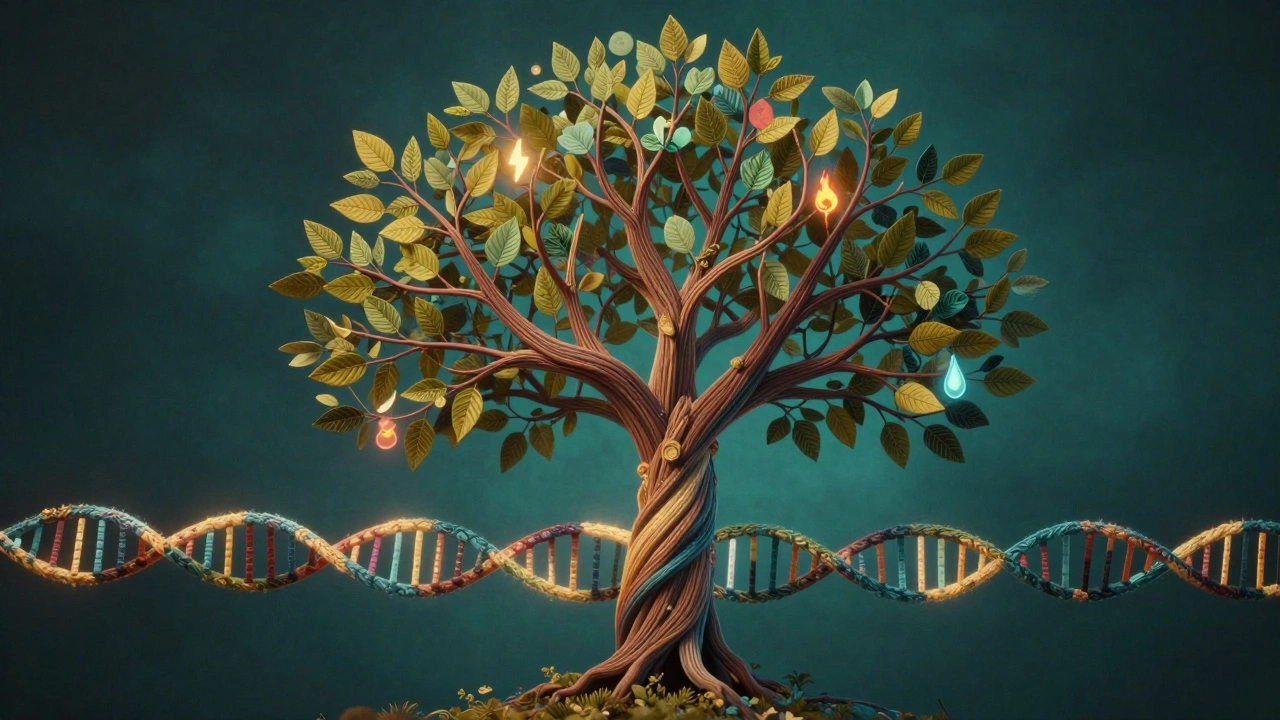 Стилизованная нить ДНК, превращающаяся в дерево жизни с символами генов