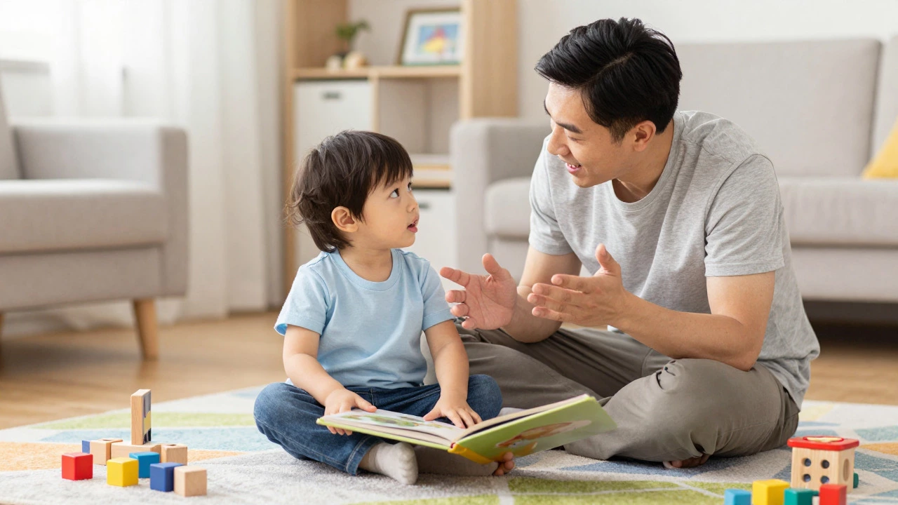 Родитель общается с малышом за книгой, стимулируя речь и диалог