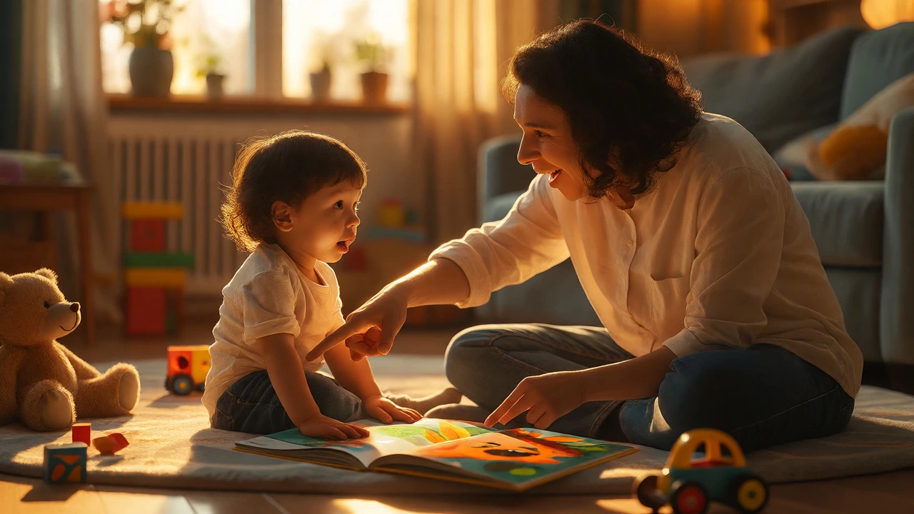 Родитель читает книгу с картинками малышу, стимулируя диалог и активную речь